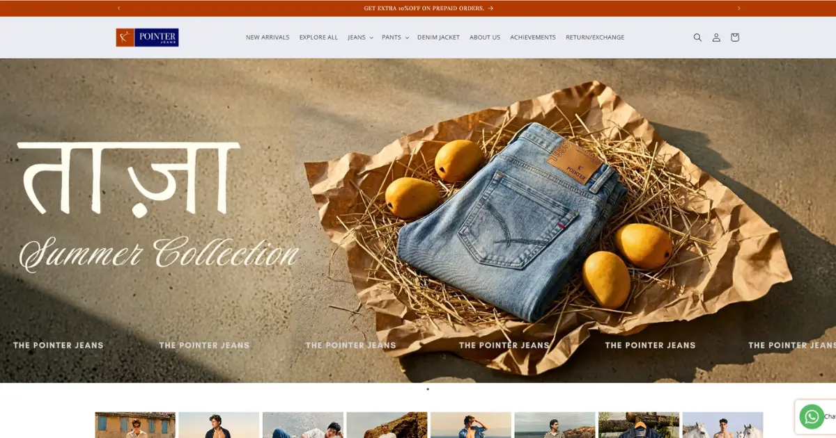 Fashion ecommerce website banner for Pointer Jeans summer collection featuring premium denim jeans and seasonal styling