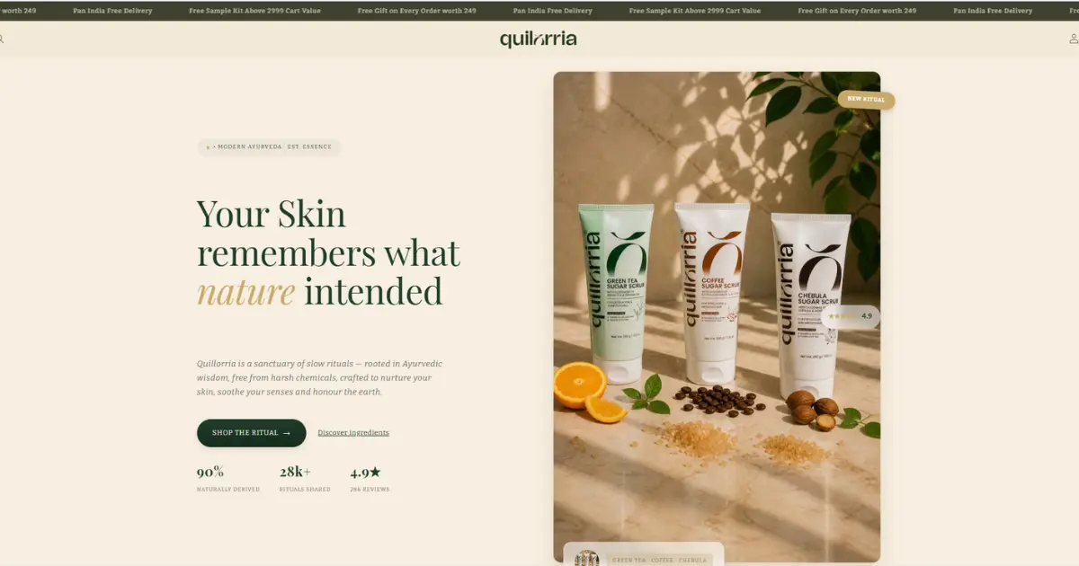 Luxury Ayurvedic skincare brand website design for Quilorria with premium product showcase and natural aesthetic